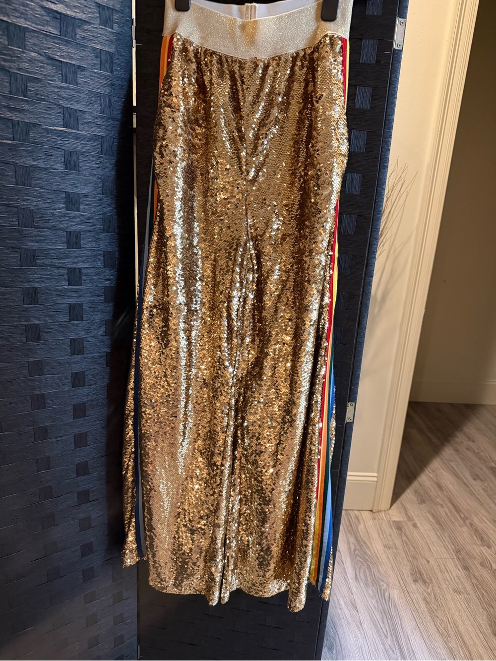 Gold Sequin Wide leg Pants with Side Stripes